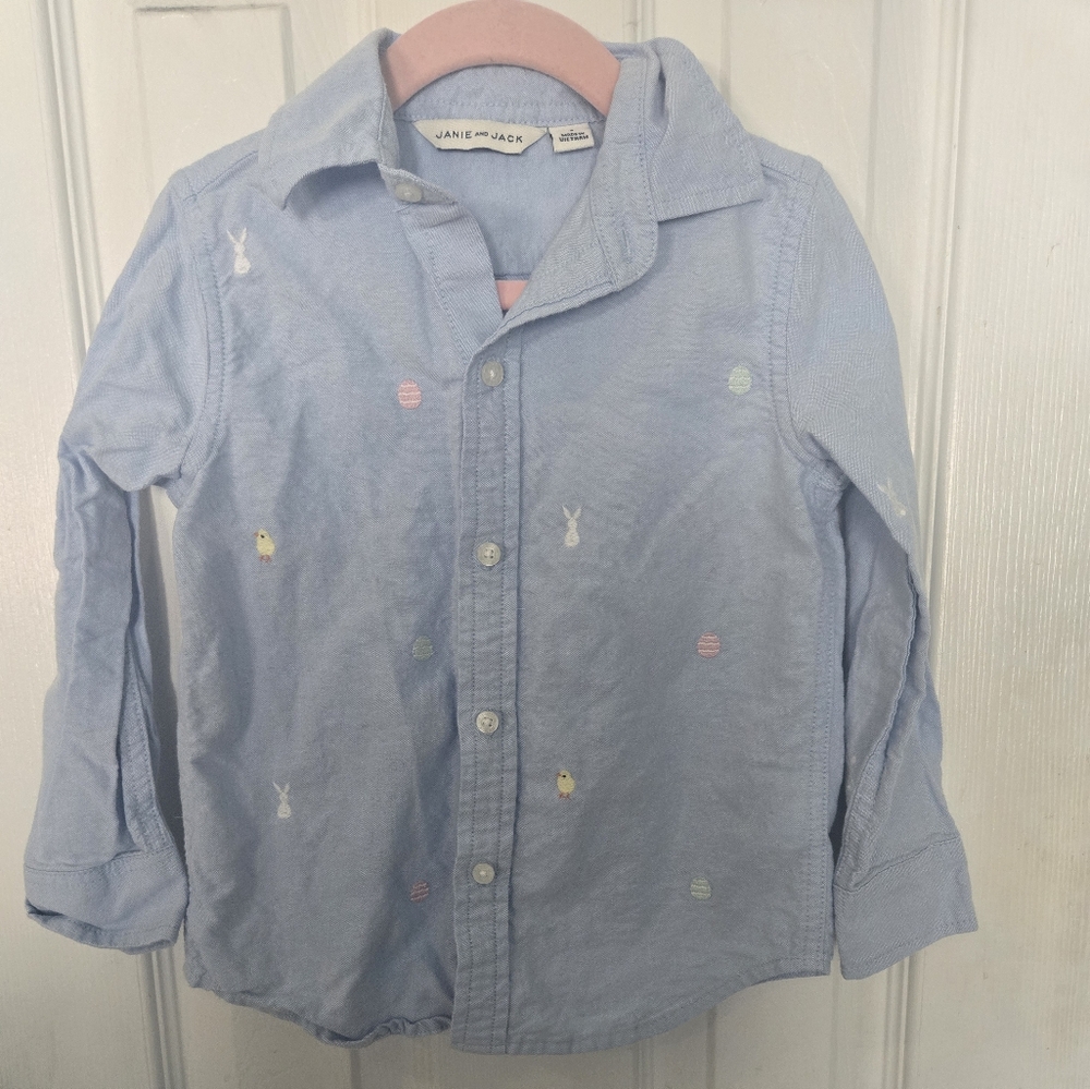 Janie and Jack Light Blue Button Down Shirt with Embroidery